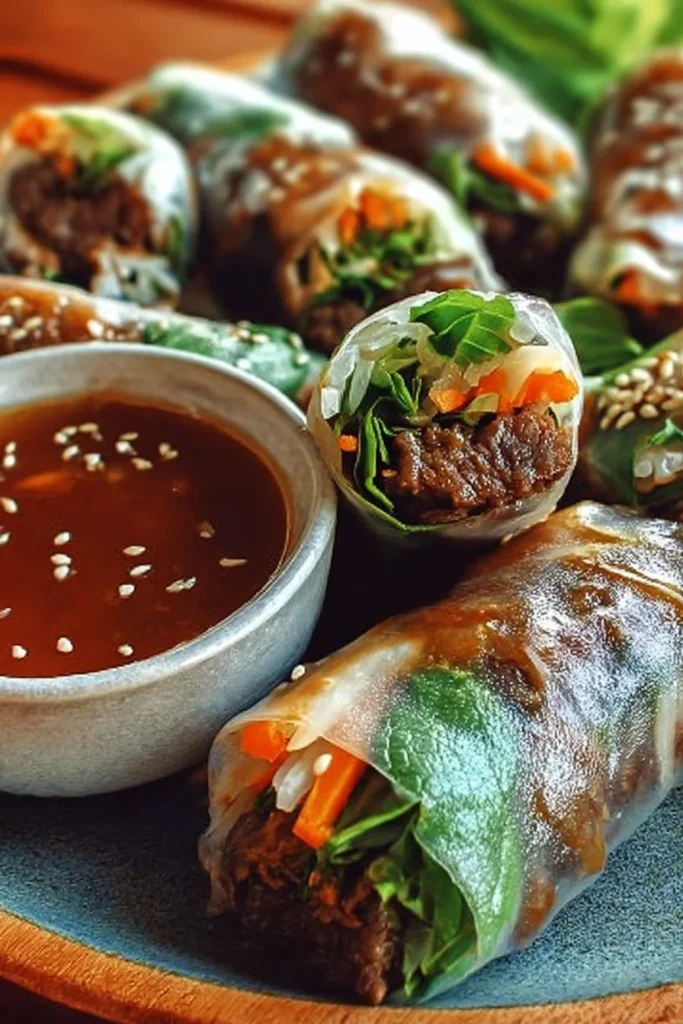 Delicious Thai Basil Beef Rolls garnished with fresh herbs