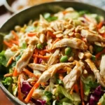 Thai Chicken Salad topped with peanut dressing and fresh vegetables