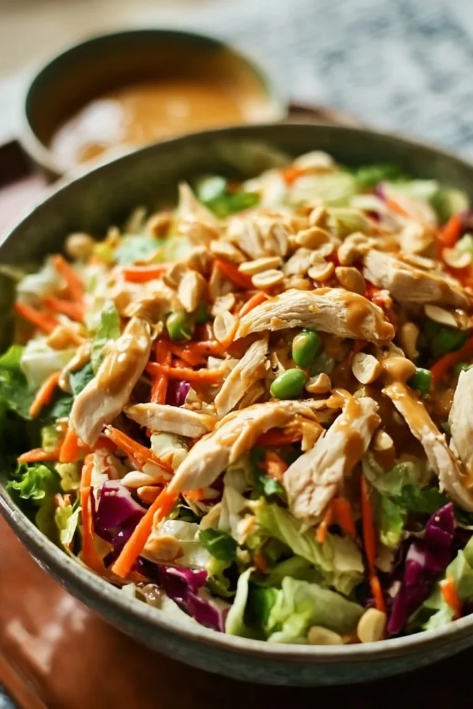 Thai Chicken Salad topped with peanut dressing and fresh vegetables