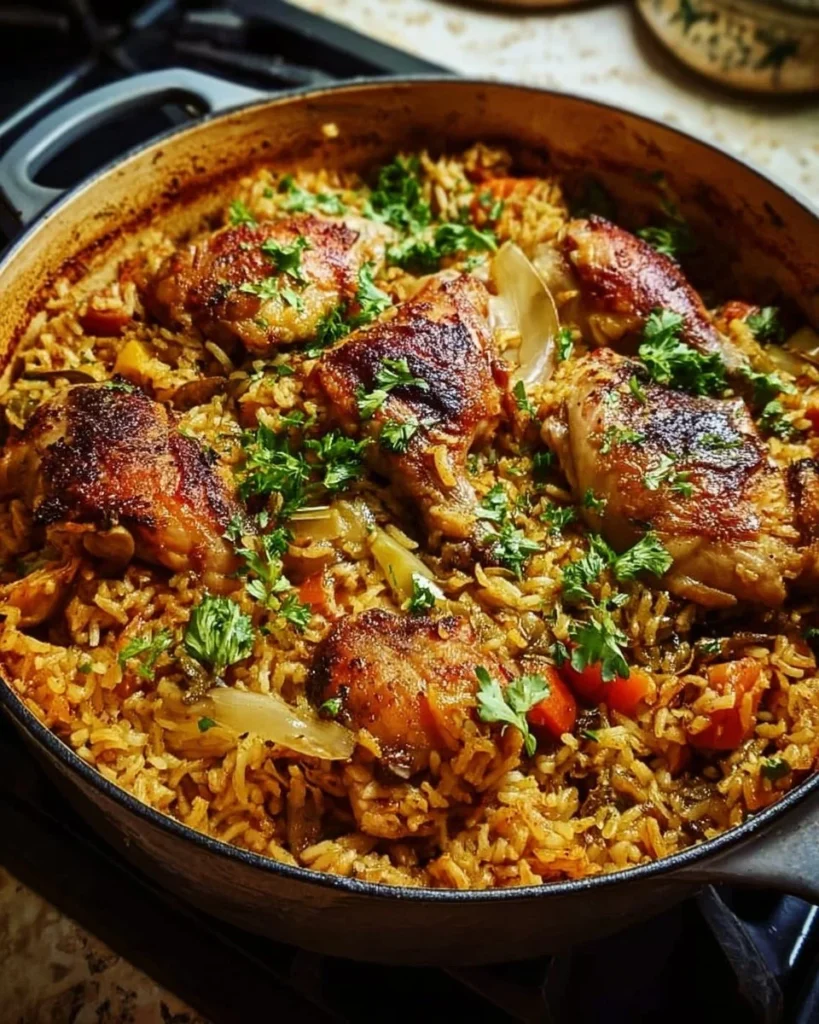 Delicious Dutch oven chicken with rice served in a rustic pot