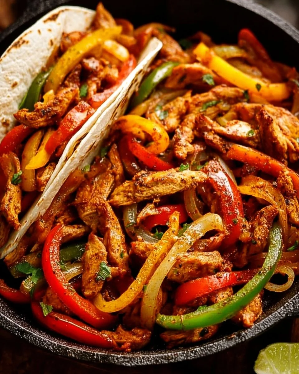 Delicious plate of easy chicken fajitas with colorful peppers and onions