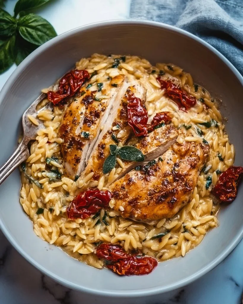 Creamy sun-dried tomato chicken orzo dish garnished with herbs.
