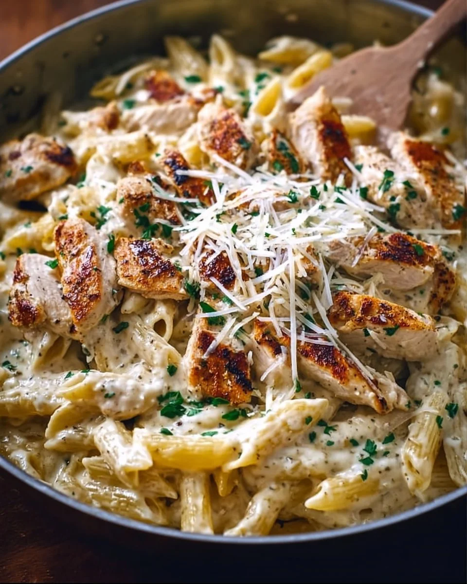 Creamy garlic parmesan chicken pasta dish garnished with herbs