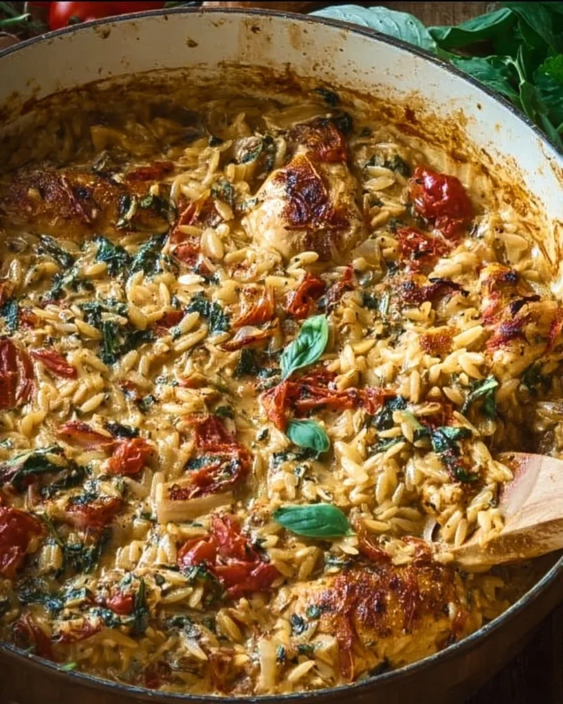 Delicious Tuscan Chicken Orzo Bake served in a rustic dish.