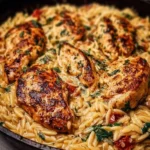 Delicious Tuscan Chicken served with creamy Parmesan Orzo
