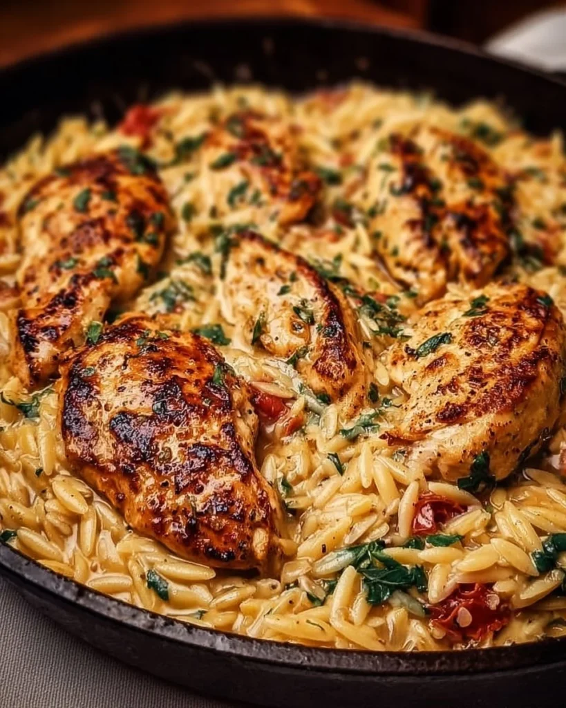 Delicious Tuscan Chicken served with creamy Parmesan Orzo