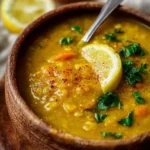 A bowl of Vegan Lemon Lentil Soup garnished with fresh herbs and lemon slices.
