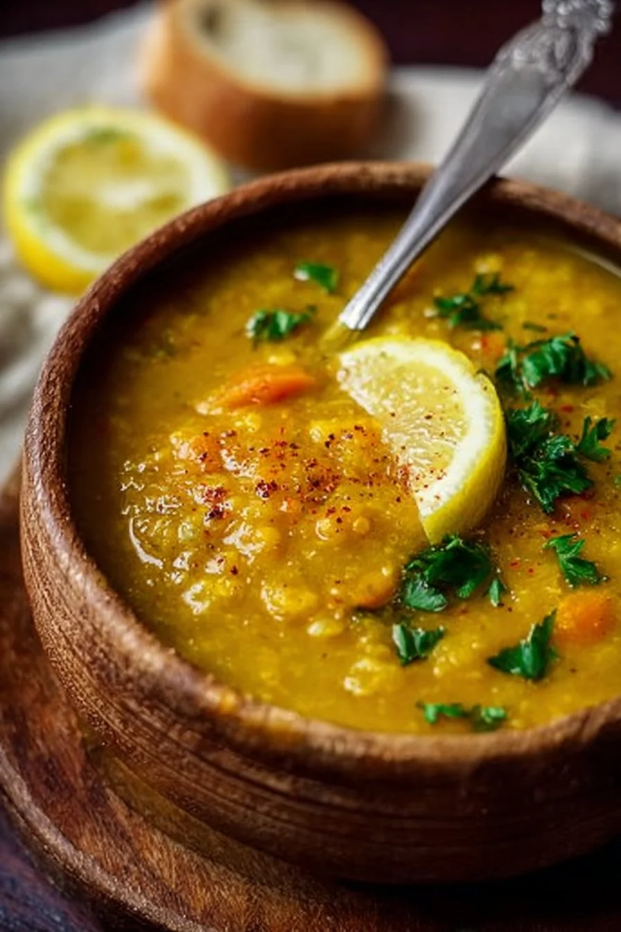 A bowl of Vegan Lemon Lentil Soup garnished with fresh herbs and lemon slices.