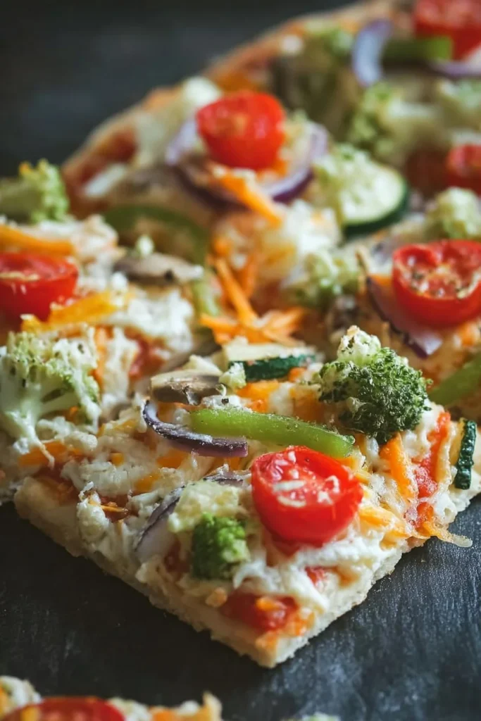 Delicious vegetable pizza topped with fresh vegetables and herbs