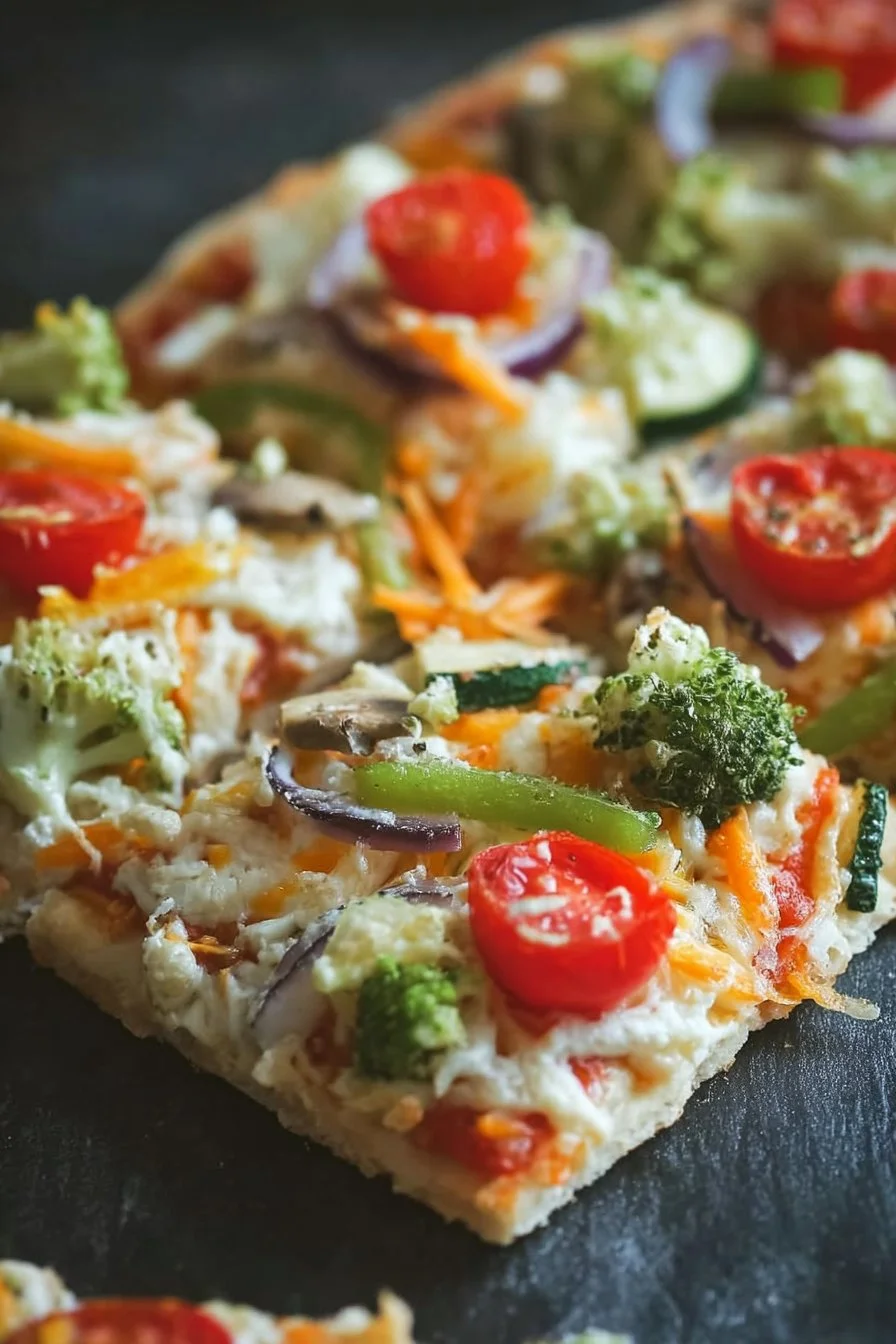Delicious vegetable pizza topped with fresh vegetables and herbs