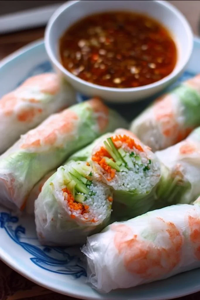 Fresh Vietnamese spring rolls filled with herbs, vegetables, and shrimp.