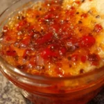 Delicious warm pepper jelly dip served in a bowl with dipping snacks