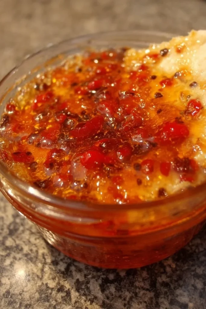 Delicious warm pepper jelly dip served in a bowl with dipping snacks