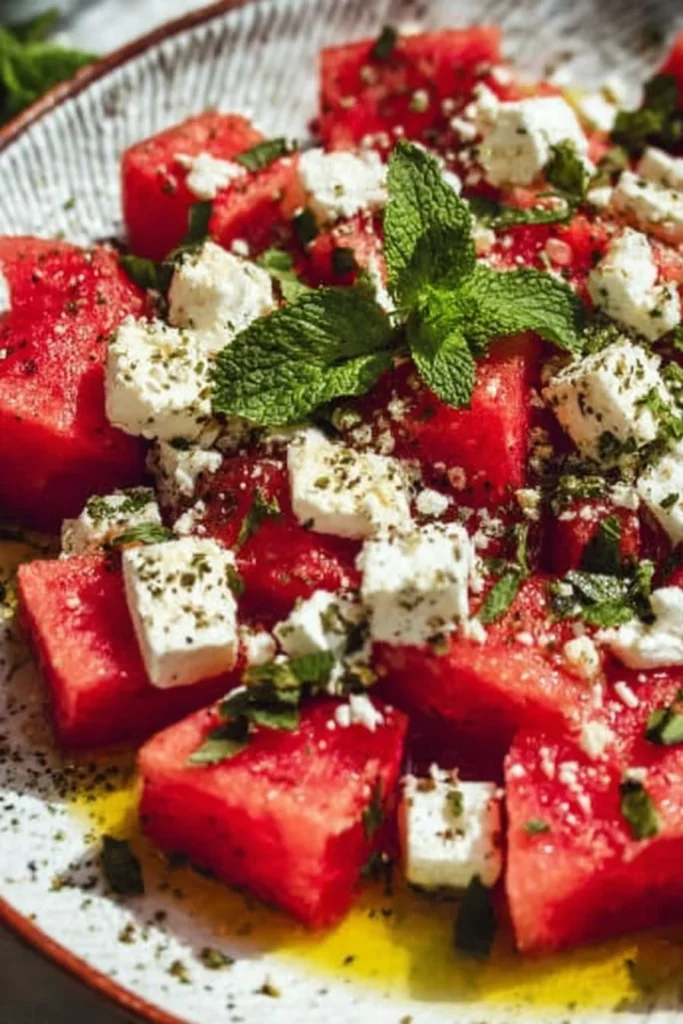 Bowl of watermelon feta salad with mint and lime dressing