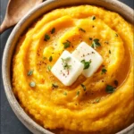 Bowl of creamy mashed butternut squash topped with herbs and spices