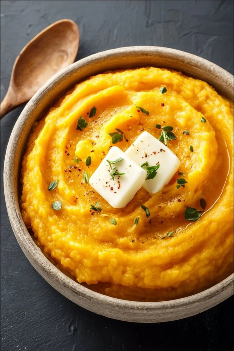 Bowl of creamy mashed butternut squash topped with herbs and spices