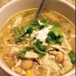 Bowl of Zero Point Weight Watchers White Chicken Chili garnished with cilantro