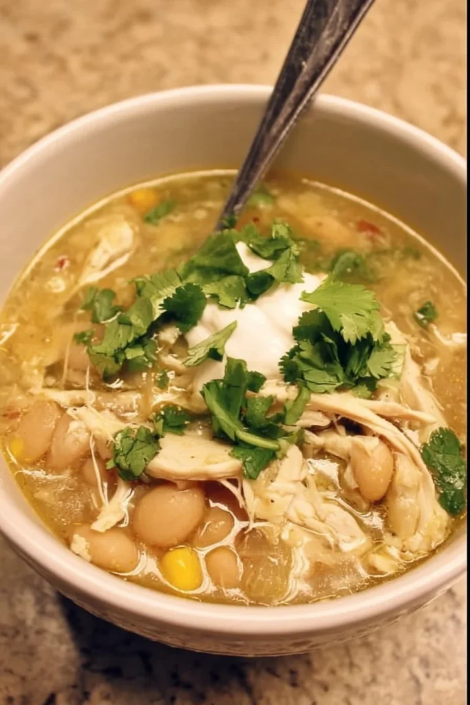 Bowl of Zero Point Weight Watchers White Chicken Chili garnished with cilantro