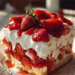 Delicious no-bake strawberry shortcake topped with fresh strawberries.