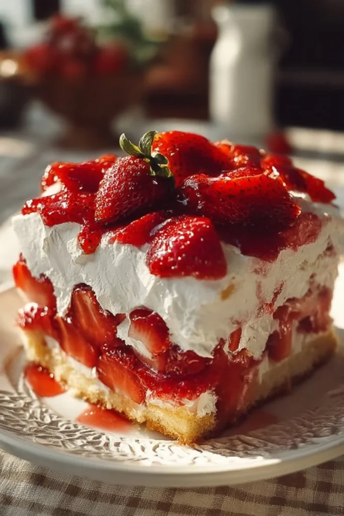 Delicious no-bake strawberry shortcake topped with fresh strawberries.
