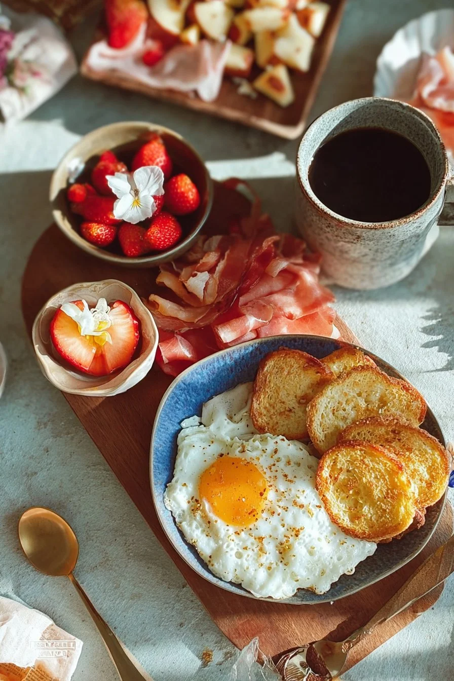 A beautifully arranged breakfast spread for mom, featuring fresh fruits and pastries.