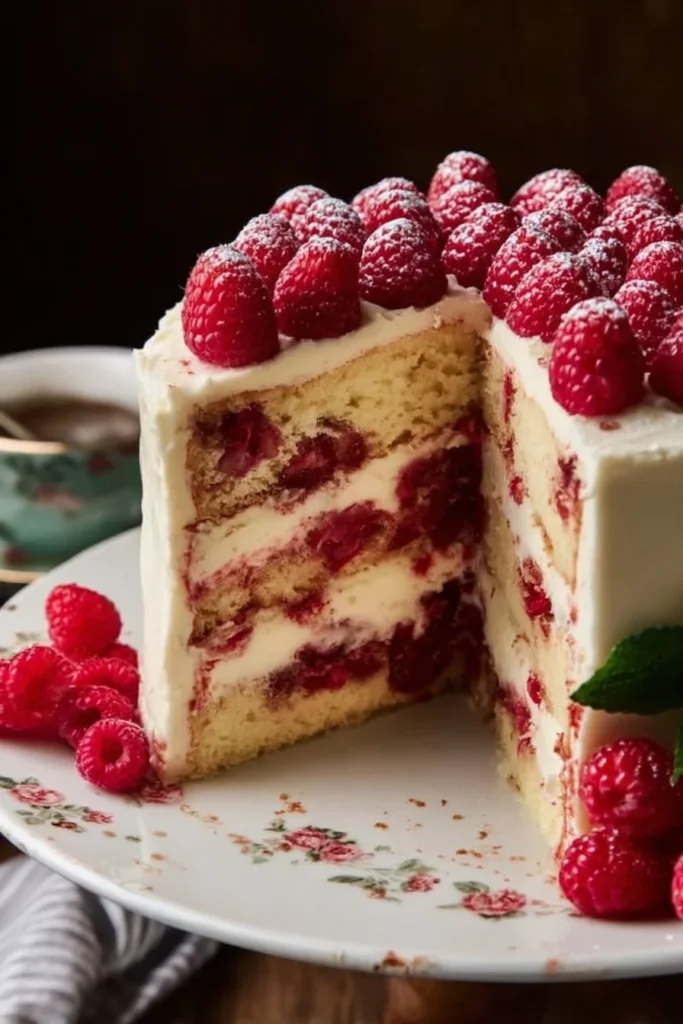 Delicious Almond Raspberry Swirl Layer Cake with layers of almond and raspberry flavors.
