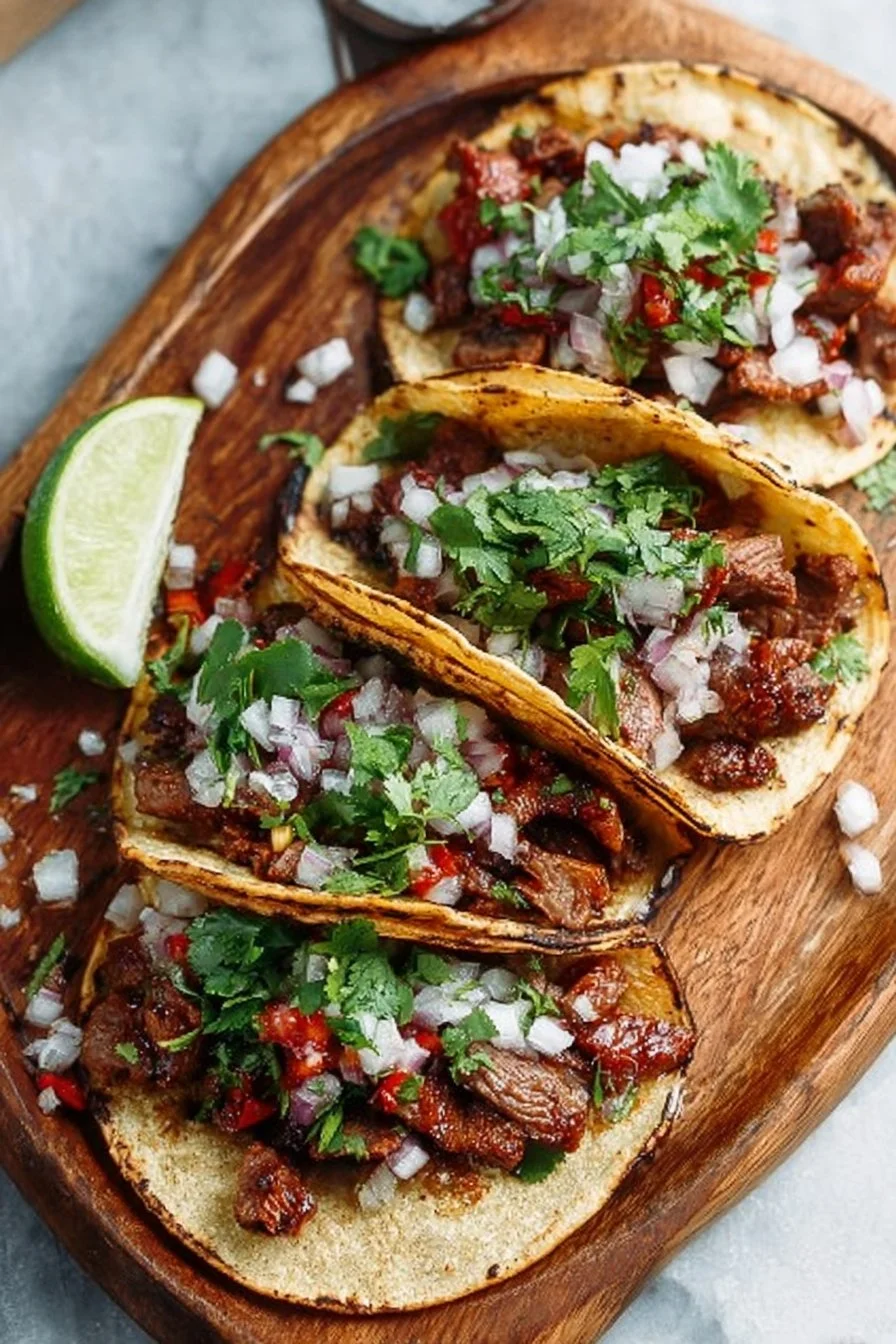 Delicious authentic grilled beef street tacos served on a plate.
