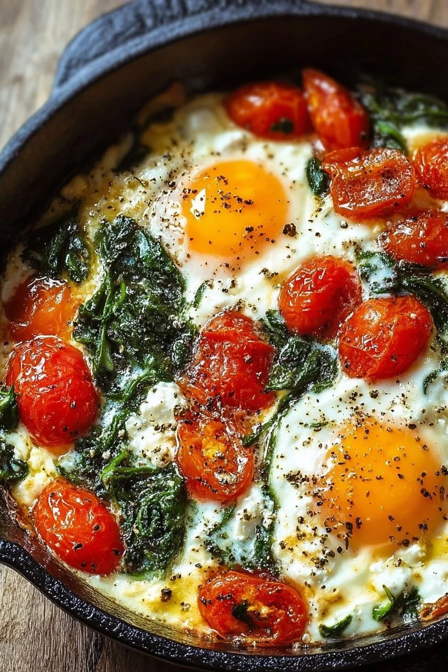 Baked feta eggs with spinach and tomatoes in a baking dish.