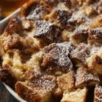 Baked French toast casserole topped with fresh berries and syrup