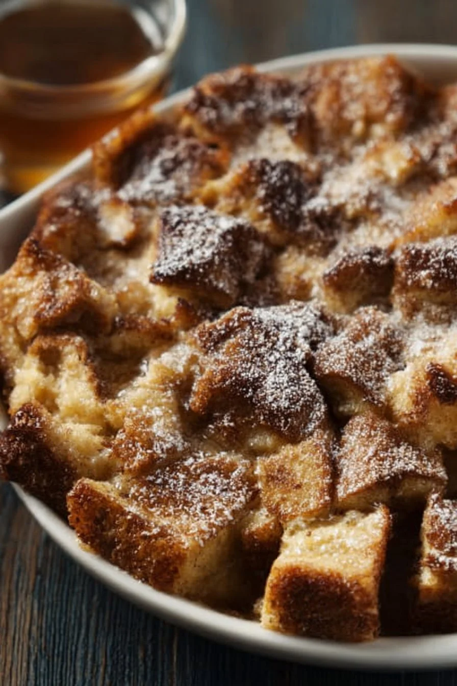 Baked French toast casserole topped with fresh berries and syrup