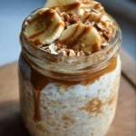 Delicious banana biscoff overnight oats topped with fruit and biscoff spread.