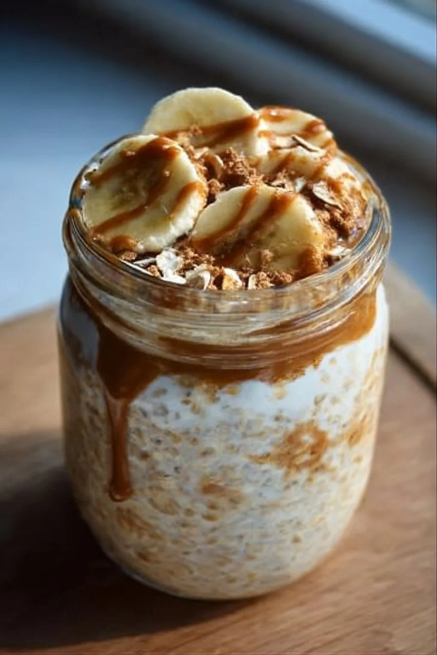 Delicious banana biscoff overnight oats topped with fruit and biscoff spread.