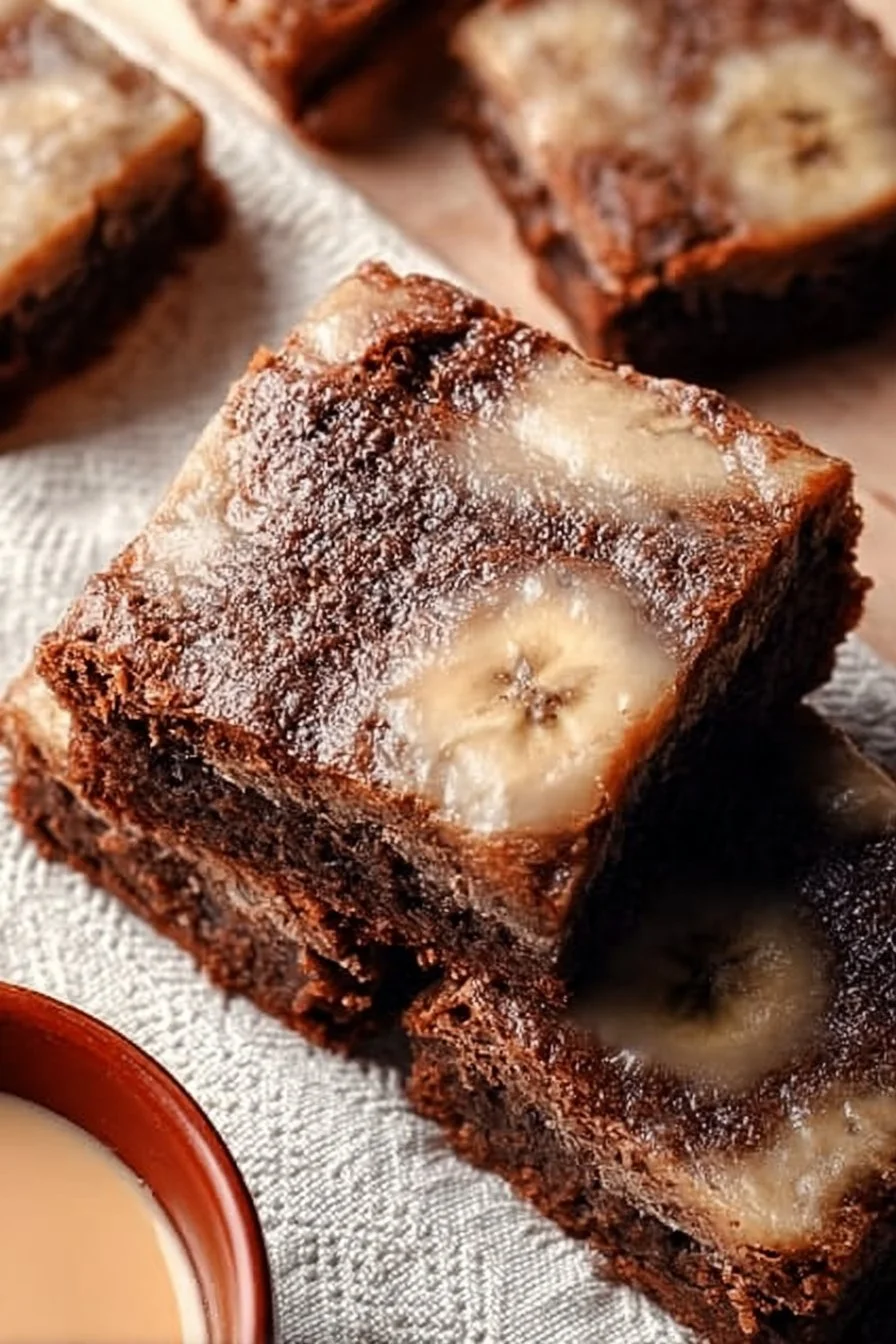 Delicious banana bread brownies topped with chocolate and banana slices.