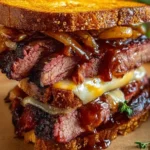 BBQ brisket melt sandwich with melted cheese and toasted bread