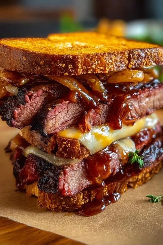 BBQ brisket melt sandwich with melted cheese and toasted bread