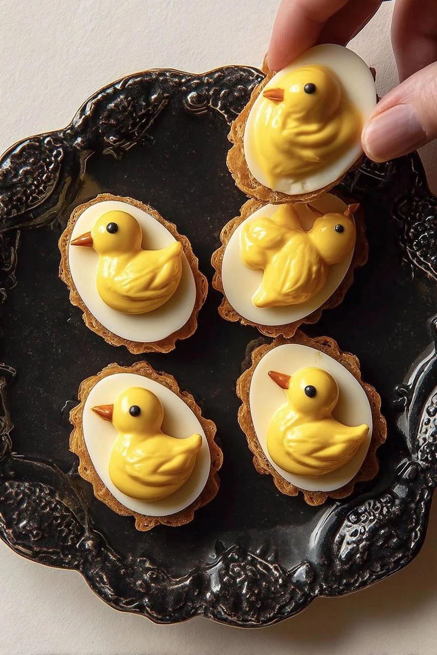 Bee-themed deviled eggs garnished with honey and edible flowers