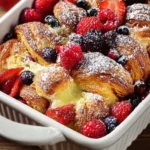 Freshly baked Berry Croissant Bake topped with assorted berries