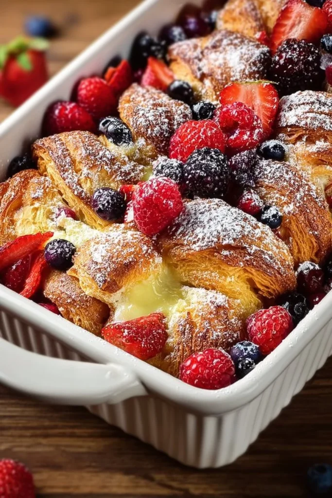 Freshly baked Berry Croissant Bake topped with assorted berries