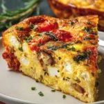 Delicious slice of frittata casserole with vegetables and cheese