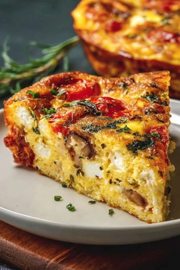 Delicious slice of frittata casserole with vegetables and cheese
