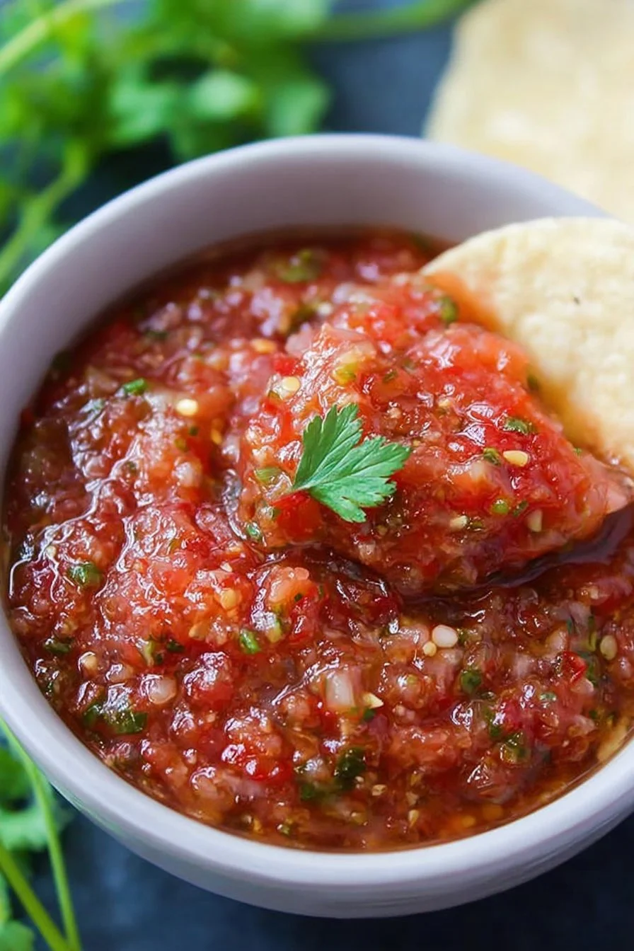 A vibrant bowl of homemade salsa made with fresh tomatoes, onions, and cilantro