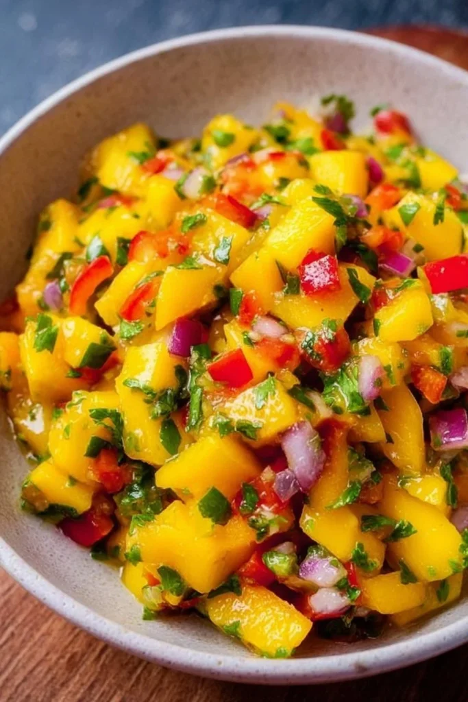 A vibrant bowl of homemade mango salsa with fresh ingredients.