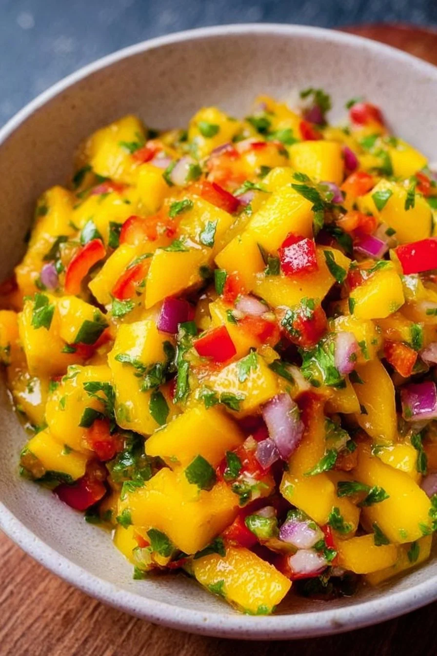 A vibrant bowl of homemade mango salsa with fresh ingredients.