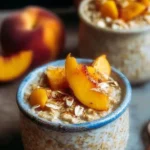 Delicious bowl of peach cobbler oats topped with fresh peaches and a sprinkle of cinnamon