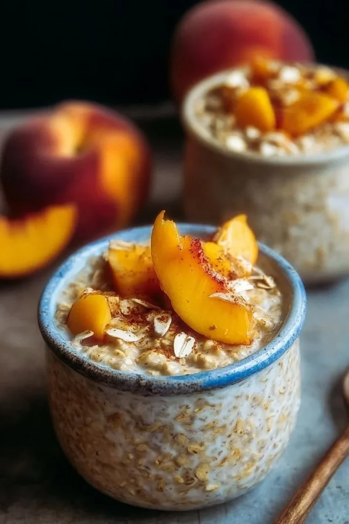 Delicious bowl of peach cobbler oats topped with fresh peaches and a sprinkle of cinnamon