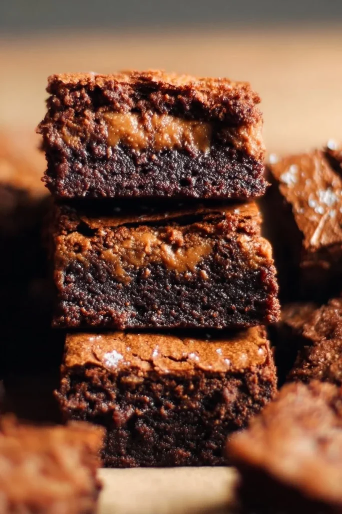 Deliciously fudgy Biscoff brownies topped with caramel drizzle and cookie crumbs.