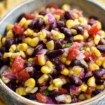 Black bean and corn salsa served in a bowl with tortilla chips
