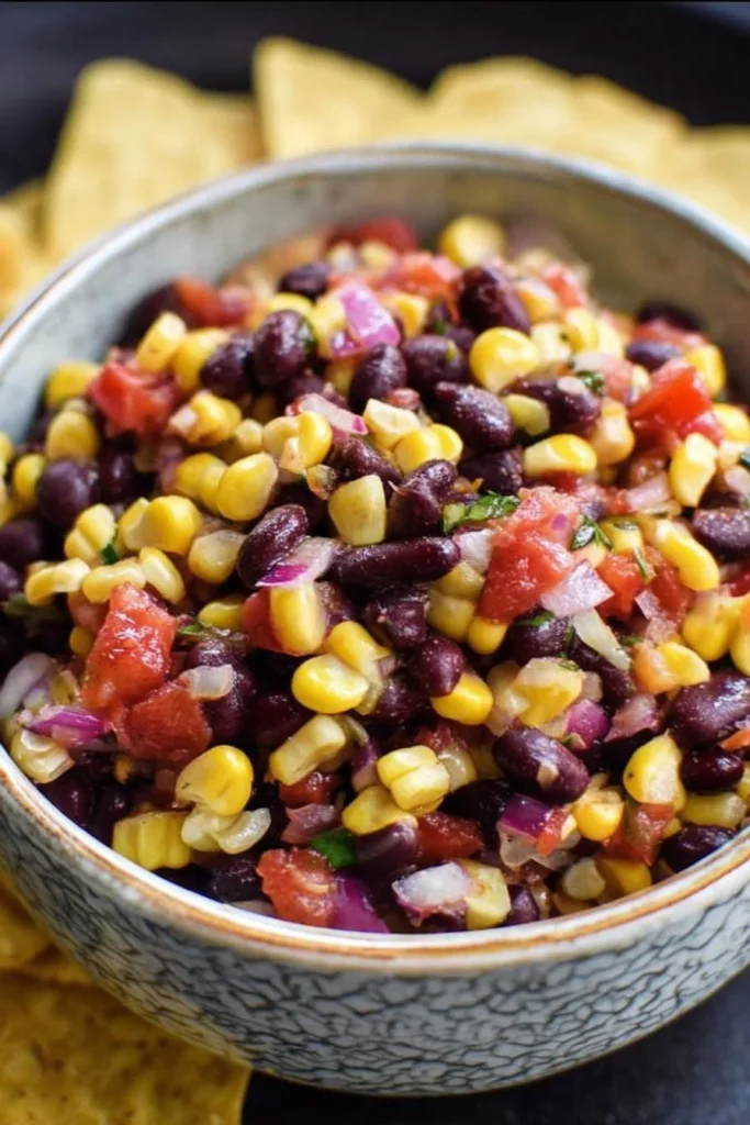 Black bean and corn salsa served in a bowl with tortilla chips