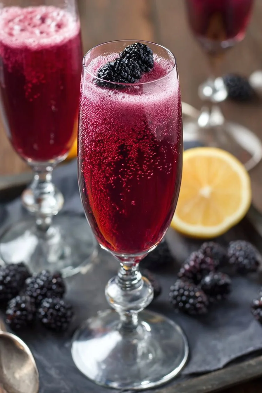 A refreshing Blackberry Mimosa served in a tall glass with blackberries and citrus slices.