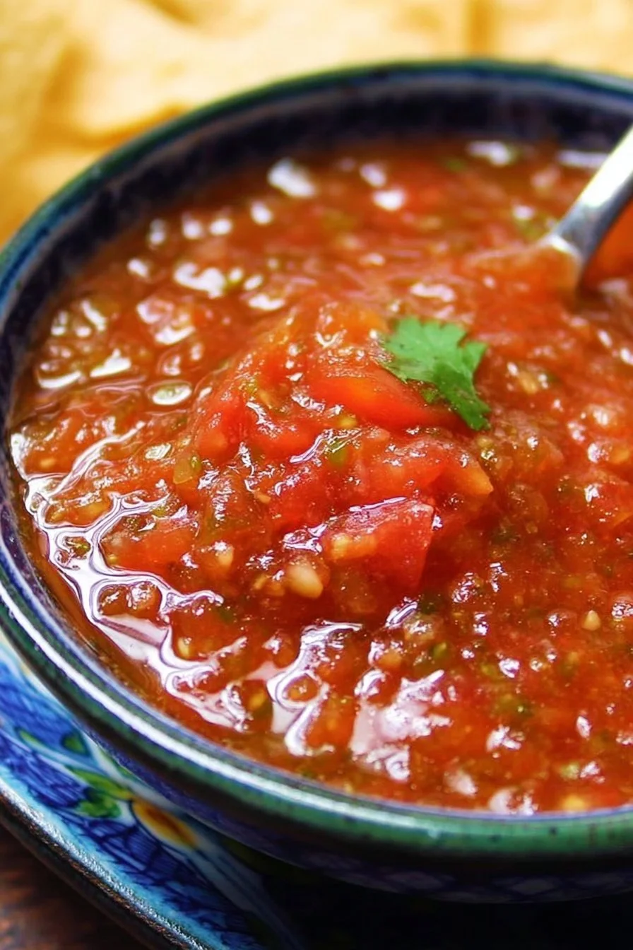 Fresh blender salsa made with tomatoes, onions, and cilantro.